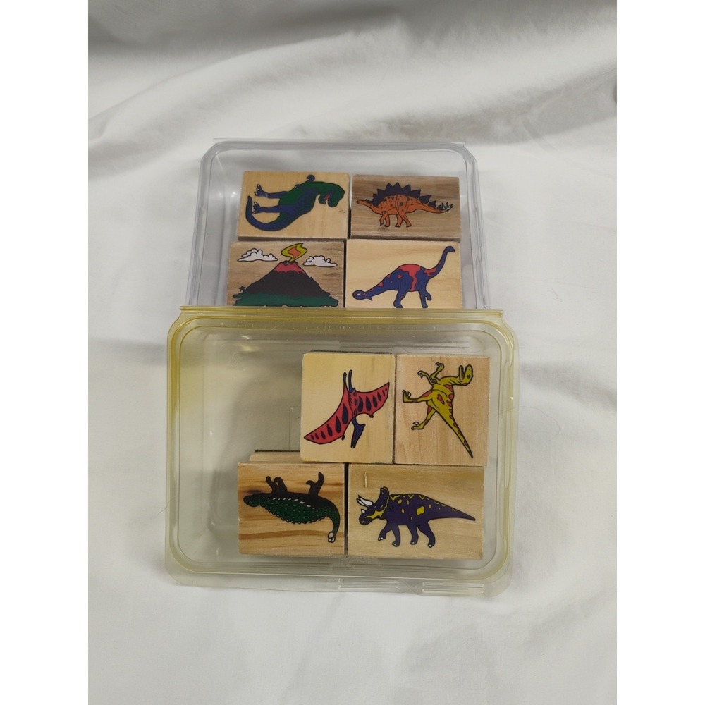 Vintage Crafting Wooden‎ Rubber Stamps Dinosaurs Volcano 8pc Set - Picture 3 of 3